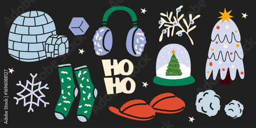 Winter holiday cartoon elements set in retro groovy style. Christmas tree, ice igloo house, snow, branch, warm household items. Xmas items set. Cold season vector illustration