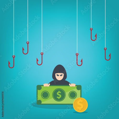 Hacker stealing money. Hacking concept.	
