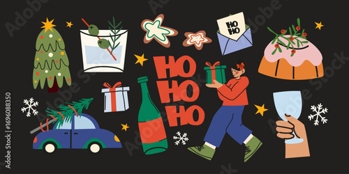 Merry Christmas and Happy New Year cartoon elements set. Christmas tree, car with tree, gingerbread cookies, cocktail, gift and a letter for Santa. Festive winter holiday retro stickers