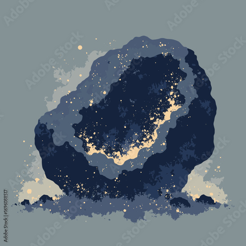 Magnetite banded ore with magnetic filings swirling, palette: magnetic black, steel, iron oxide, river gray