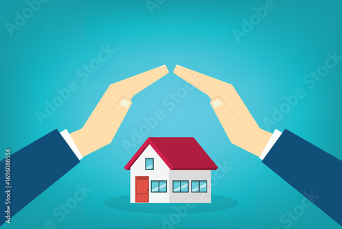 House with a protective hands. For security concepts, protection of private property. Insurance, mortgage, credit.	
