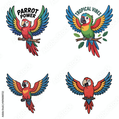 Colorful macaws spread wings perched on branches parrot