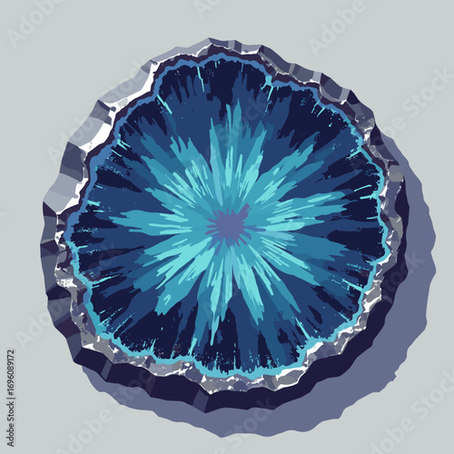 Titanium ilmenite slice with polished mirror face and oxide rim, palette: slate, iridescent blue, silver, coal