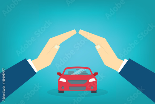 Car with a protective hands. For security concepts, protection of private property. Insurance, mortgage, credit.	