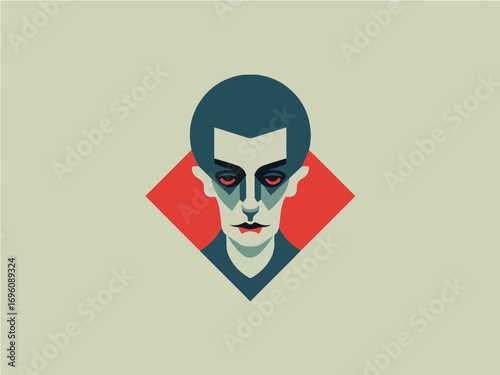Dramatic stylized portrait of a person with intense eyes and striking geometric design elements