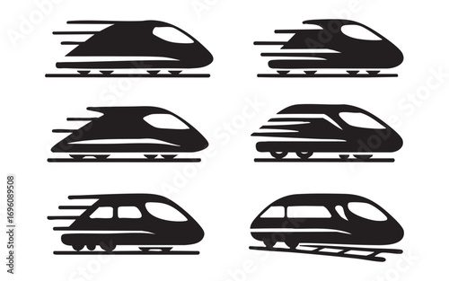 A set of icons representing high-speed trains in silhouette style. The icons are designed in black and white with an emphasis on the aerodynamic design of the trains.