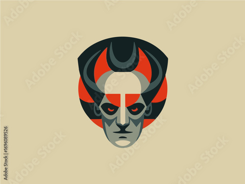 Intense stylized face with horns and fiery elements, conveying power and mystery, perfect for branding.