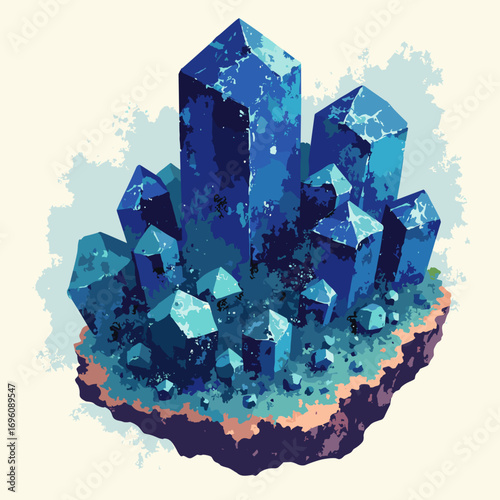 Azurite deep-blue crystal druse on copper matrix, painterly cobalt burst, palette: azurite blue, copper green, charcoal, white