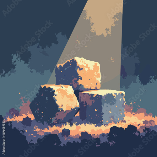 Tungsten scheelite cubes glowing under lamp, dense ore texture, palette: tungsten gray, cream, ember orange, shadow