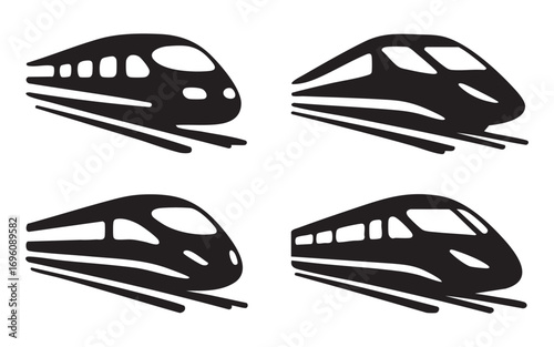 A set of icons representing high-speed trains in silhouette style. The icons are designed in black and white with an emphasis on the aerodynamic design of the trains.