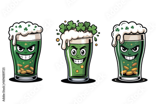 Green beer with shamrocks and coins clover gold coins