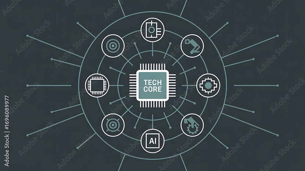 Obraz premium Futuristic digital technology concept with central cpu and connected network nodes