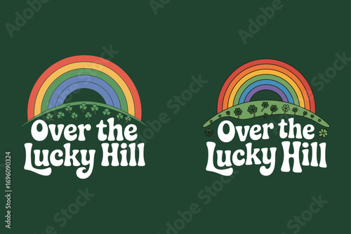 Retro rainbow over lucky hill with shamrocks vector