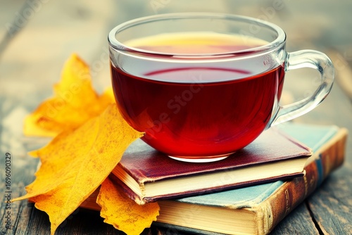 Warm cup of tea resting on old books with autumn leaves in cozy setting