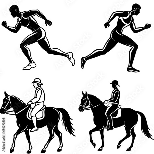 Running and equestrian sports vector illustration featuring athletes and horses in black and white design
