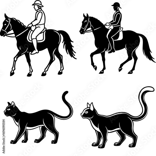 Horseback riding equestrian sport and feline domestic cat vector silhouette illustration clip art graphic design