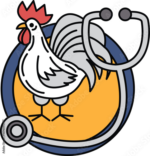 A chicken is standing in front of a stethoscope