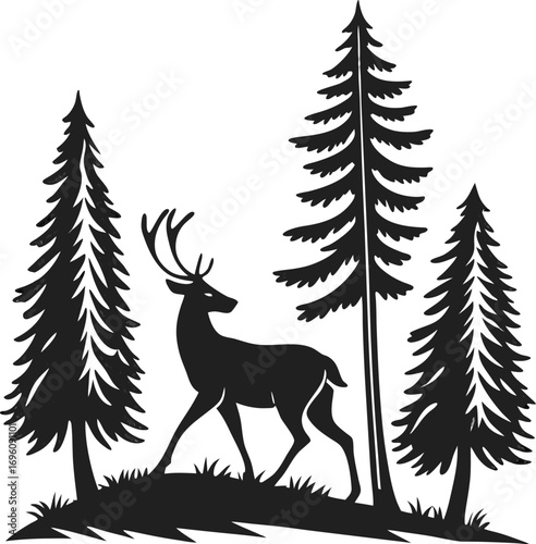 black silhouette vector of deer and pine trees simple clean design