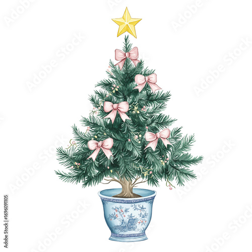 Cute Christmas tree illustration in blue floral pot cutout PNG