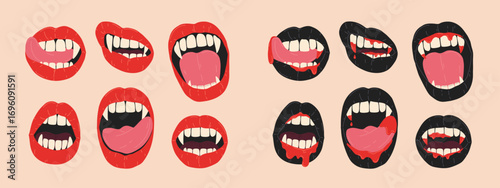 Cartoon set of Halloween with vampire open mouth, fangs and tongue. Female red and black lips with long pointed canine teeth and blood. Vintage design for holiday decoration, card, print, invitation
