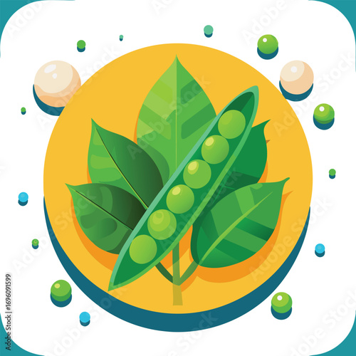 Colourful flat icon showing fresh peas in pod, spinach leaf, and cilantro sprigs blended together, modern vector illustration.