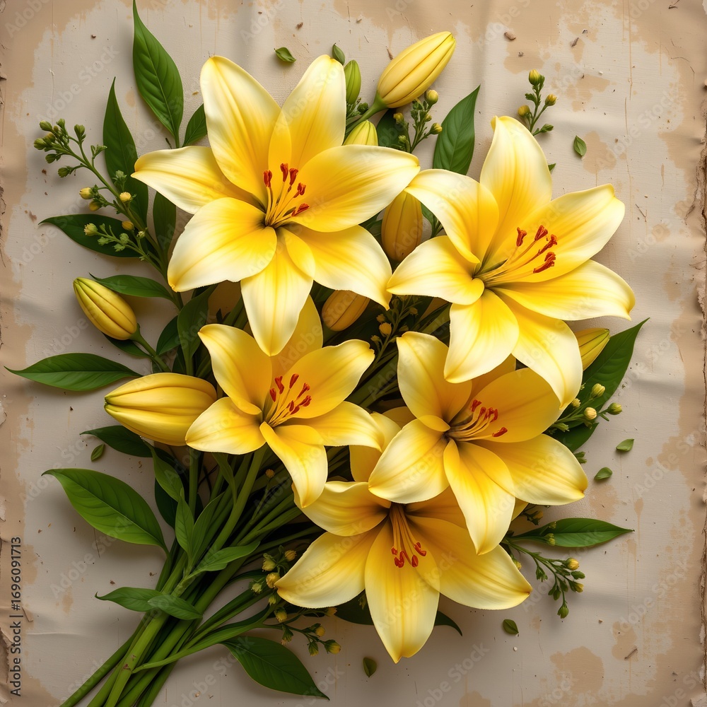 Fototapeta premium Yellow Lilies Bouquet with Greenery Against Rustic Backdrop