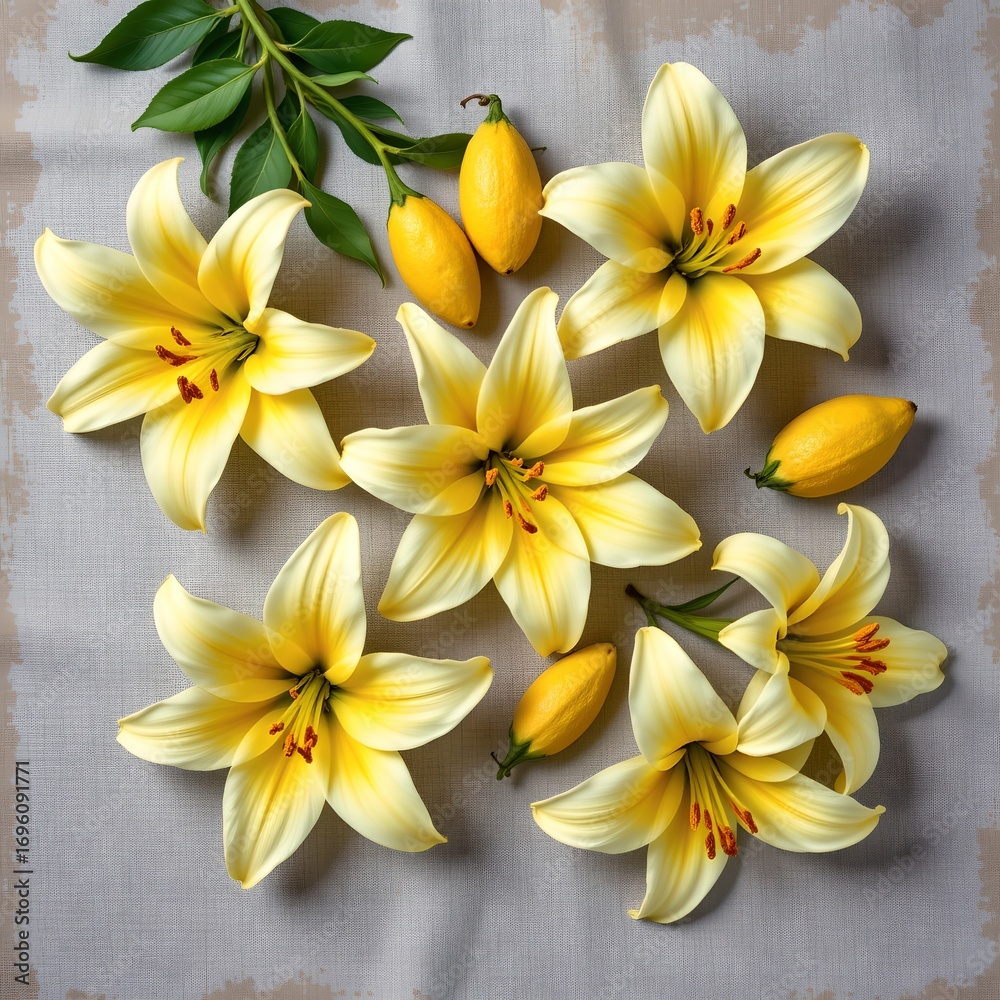 Fototapeta premium Fresh Yellow Lilies Textured Surface