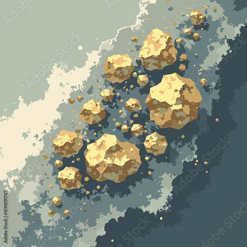 Chalcopyrite brassy botryoidal masses intergrown with quartz, palette: brassy gold, quartz white, dark gray, olive
