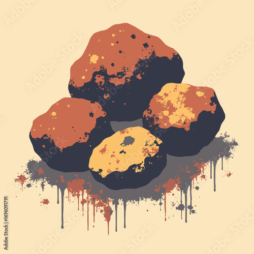 Limonite iron-stained ochre nodules with rusty drips, palette: ochre, rust brown, ochre yellow, charcoal