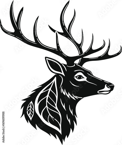 black silhouette vector of deer head with antlers clean silhouette