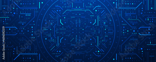 Futuristic digital interface with glowing blue circular HUD design, tech circuit background, and abstract data visualization for sci-fi, cybersecurity, or high-tech concepts.