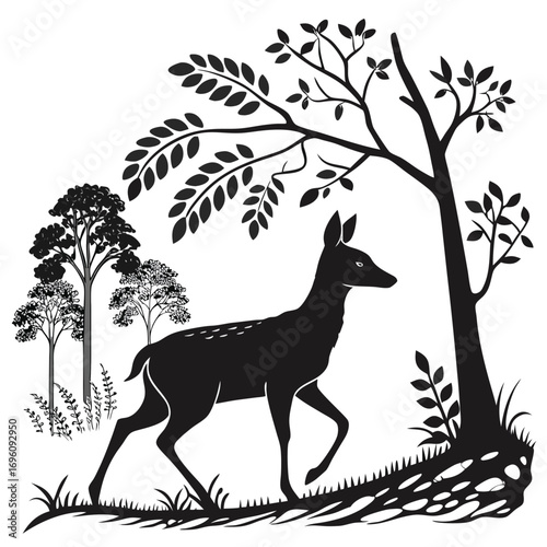 black silhouette vector of deer with forest background minimal logo