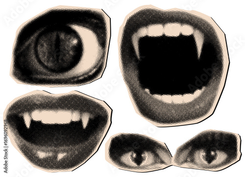 Halftone collage elements halloween devil eyes and mouth,trendy halloween collage cut out element for banner,flyer,poster
