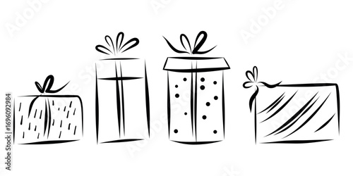 Present Boxes Sketch Set, Gift Box Illustration, Wrapped Present Doodle