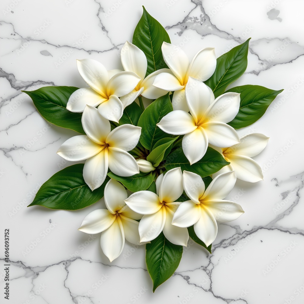Fototapeta premium Elegant Plumerias Against Marble Background