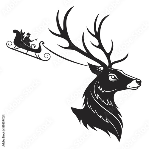 black silhouette vector of reindeer head with sleigh bells minimal