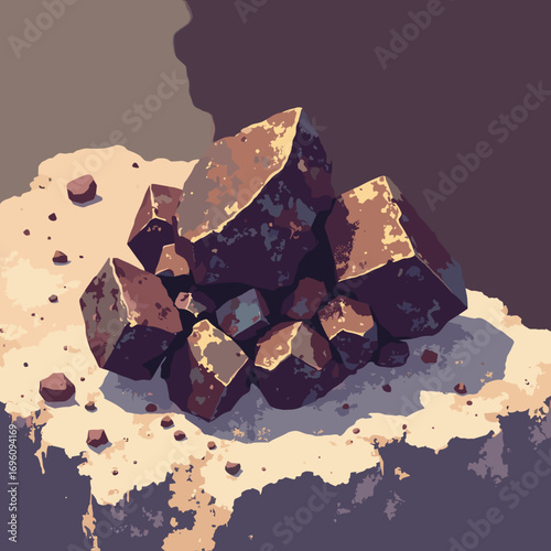 Tin cassiterite dark-brown prisms on granite, engineering ore close-up, palette: chocolate, granite gray, bronze, cream