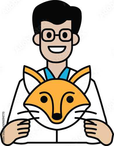 A man in a lab coat holding a fox mask