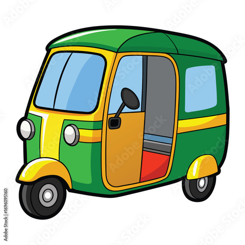 3d rendered, highly detailed, photorealistic, intricate, vibrant colors, dynamic perspective, auto-rickshaw, tuk-tuk, passenger vehicle, public transportation, urban scene, colorful, compact, three-wh