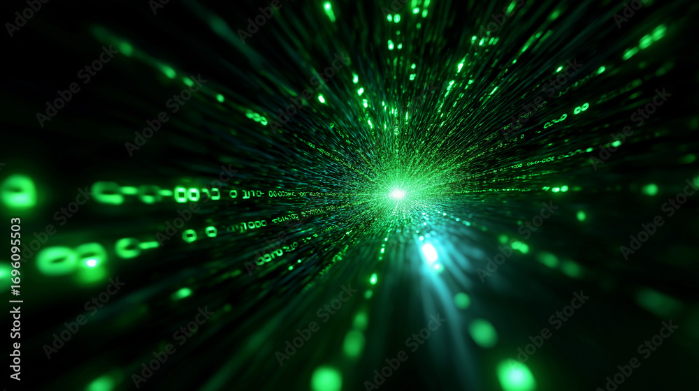 Fototapeta premium Grüne Lichtstrahlen und Partikel strömen durch schwarzen Raum mit intensivem Lichteffekt