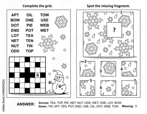 Christmas, New Year activity page with two puzzles. Fill-in crossword puzzle or word game. Spot the missing fragment of snowflakes patten. Black and white. Answers included.
