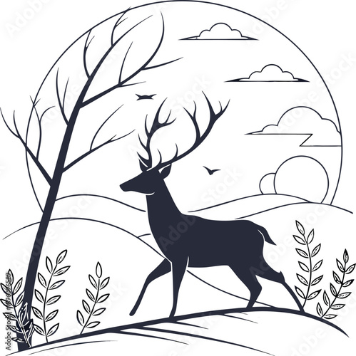 flat vector of deer silhouette with sunrise scene clean minimal