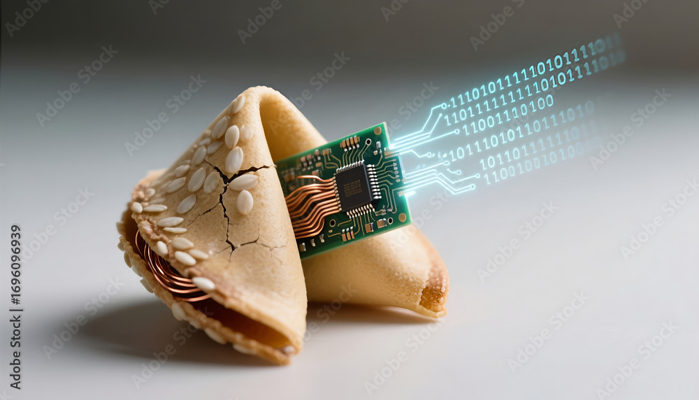 Naklejka premium Fortune cookie with circuit board and digital data visualization 