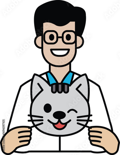 A cartoon of a man holding a cat