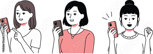Three diverse women using smartphones, expressing joy and engagement with modern technology today