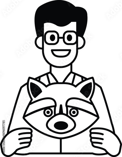 A cartoon man is holding a raccoon in his arms
