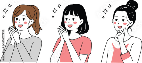 Three young women expressing happiness and excitement with creative hand gestures in modern minimal illustration