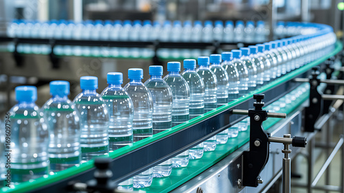 Automated bottling line with clear plastic water bottles moving on conveyor belt