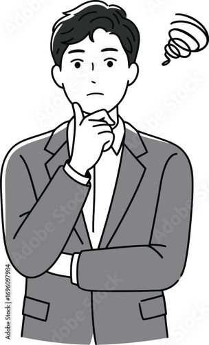 Stressed businessman in suit thinking hard about a complex problem with swirling thoughts above his head