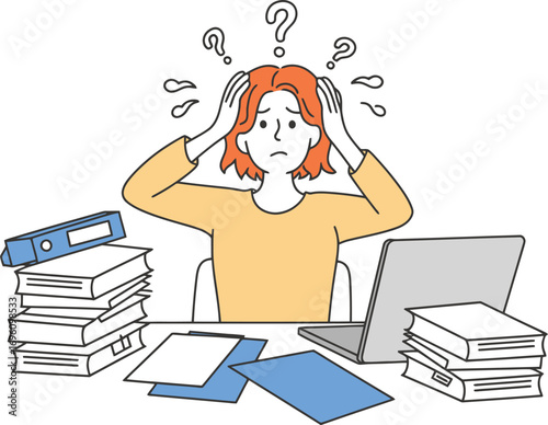 Stressed businesswoman overwhelmed with paperwork and deadlines experiencing burnout at her desk in office